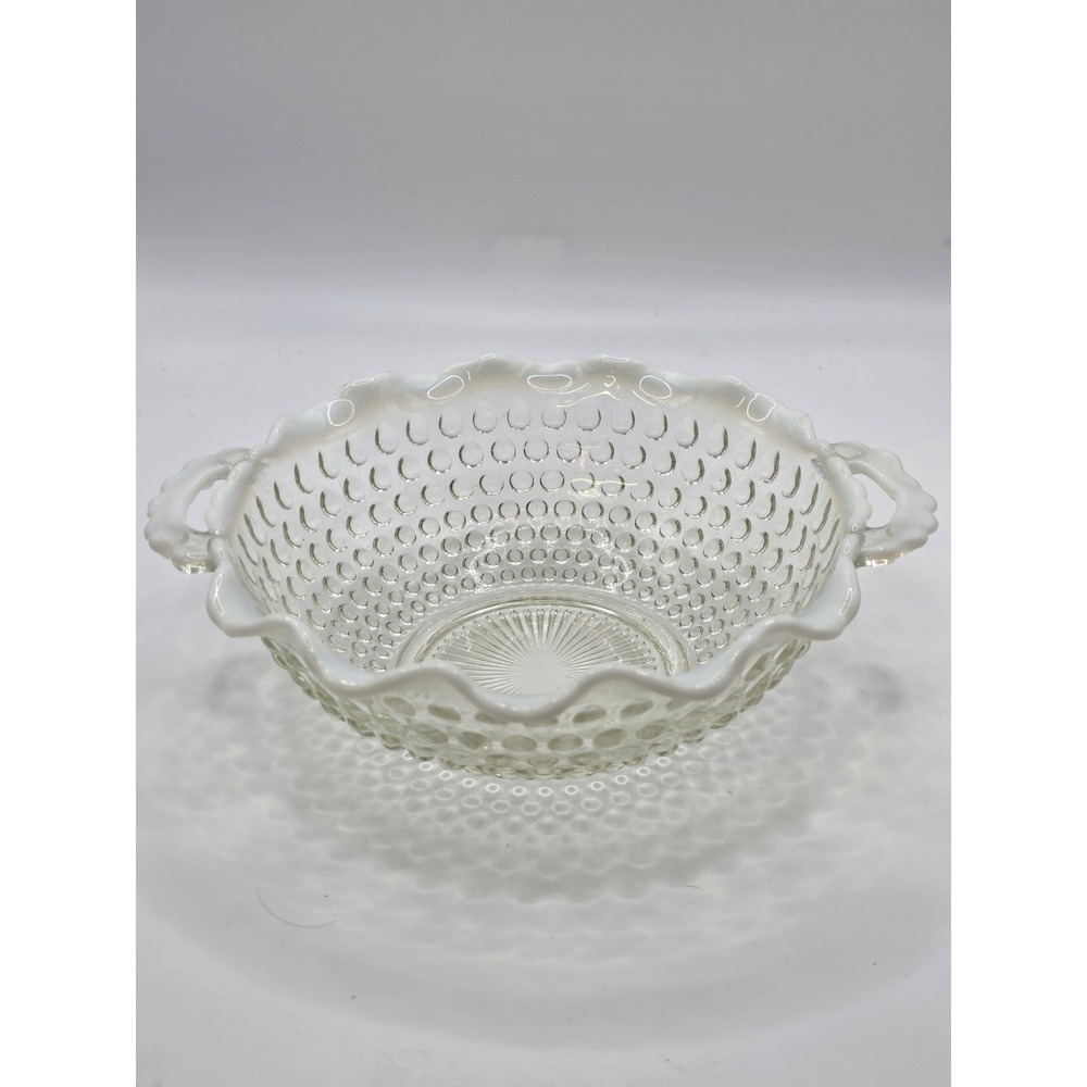 Opalescent Hobnail Glass Bowl with Handles and Ruffled Edge